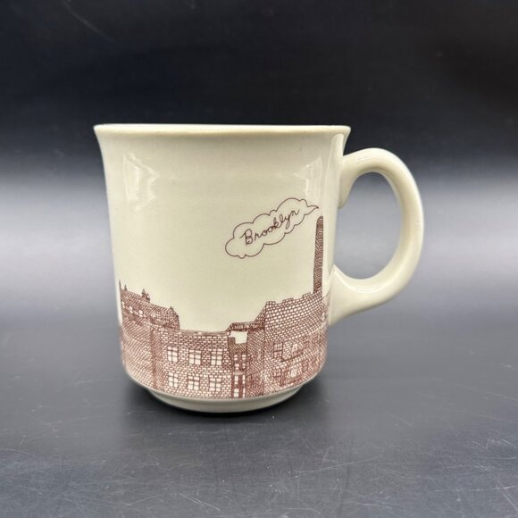 Brooklyn Skyline Ceramic Coffee Mug Jordan Awan Fishs Eddy Cup Beige Brown - Picture 2 of 10